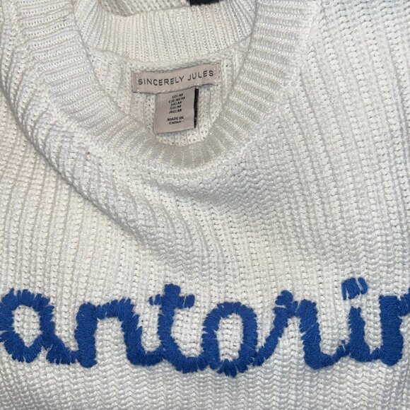 SANTORNI GREEK ISLES GREECE BLUE SPELLOUT "SANTORINI" ON WHITE SWEATER - EUC - M - Picture 6 of 9